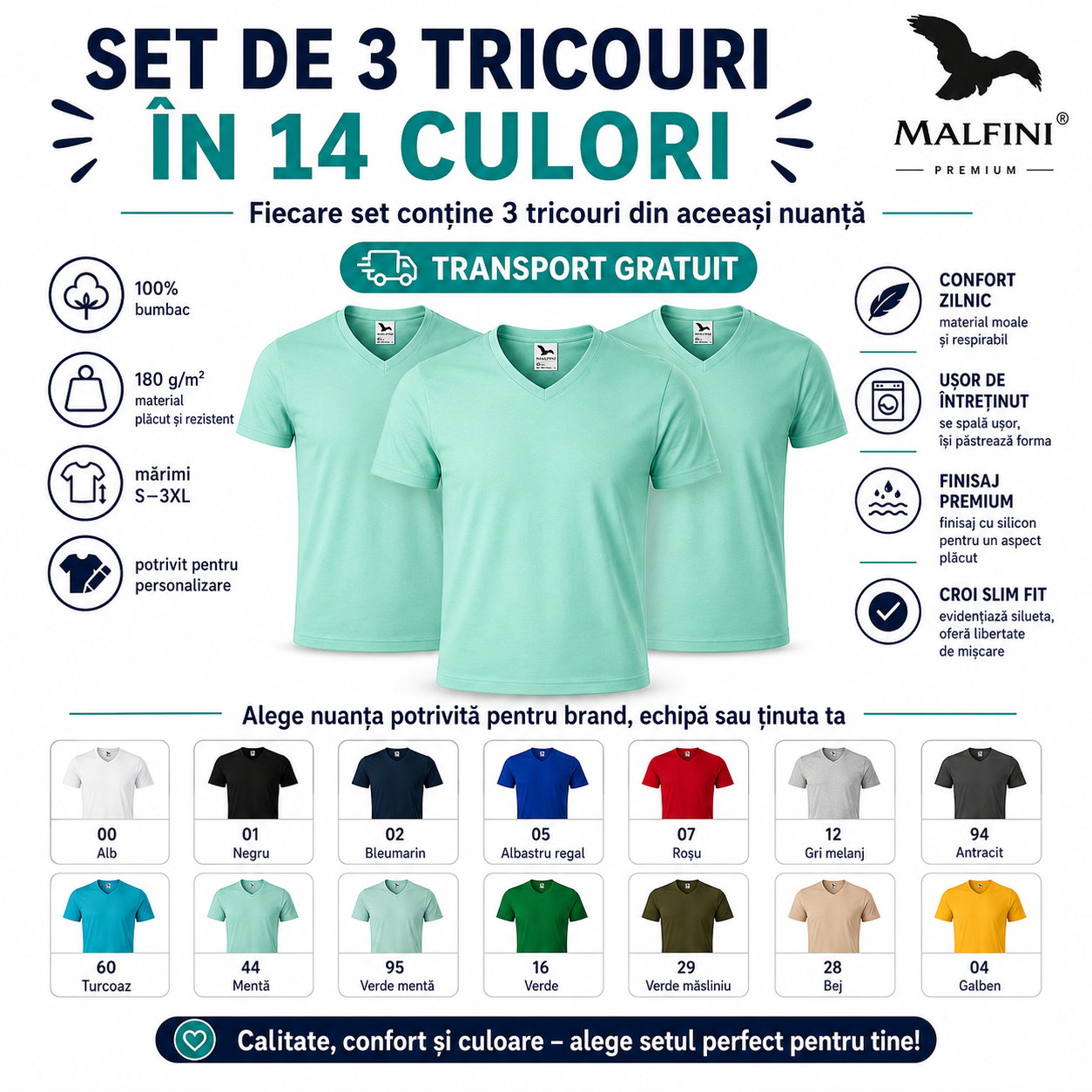 Detalii tricou bărbați Malfini 146 cu guler &icirc;n V, 100% bumbac, 180 g/m&sup2;, slim fit, finisaj cu silicon